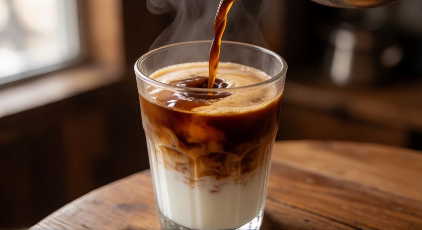como hacer cafe con kefir, Vaso transparente con café vertiéndose sobre kéfir mostrando capas
