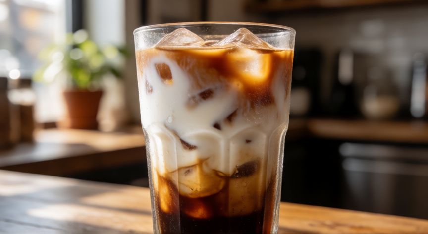 como hacer cafe con leche frio, Vaso de café con leche frío con capas visibles y hielo