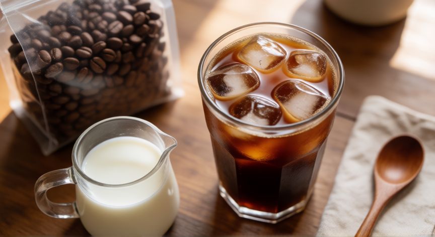 como hacer cafe con leche frio, Mesa con café frío preparado, jarra de leche y granos de café