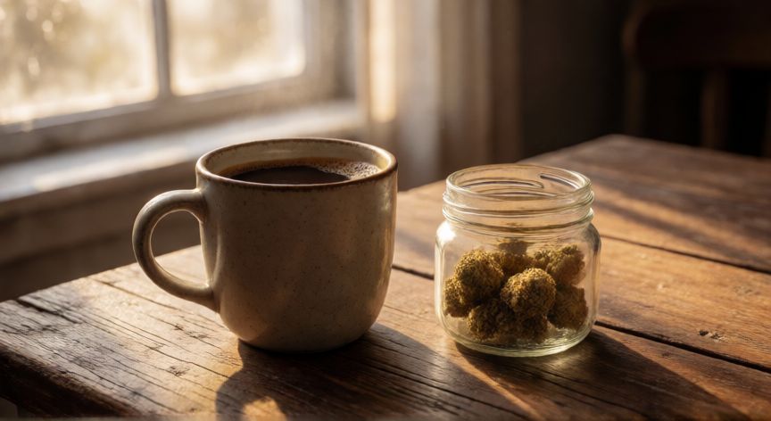 como hacer cafe con weed, Taza de café y bote con cannabis decarboxilado sobre mesa de madera