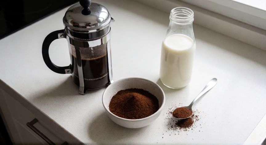 como hacer cafe con weed, Preparación de café en prensa francesa con mezcla de café y cannabis molido
