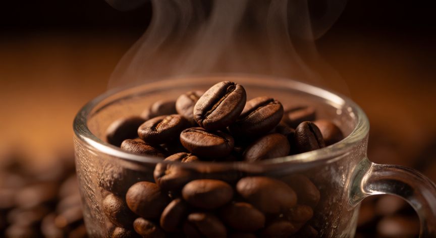 como hacer cafe con whisky, Granos de café recién molidos cayendo en una taza con vapor