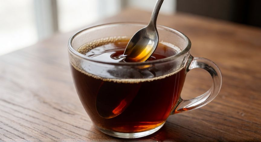 como hacer cafe con whisky, Vaso de cristal con café y whisky estratificado siendo removido con una cuchara