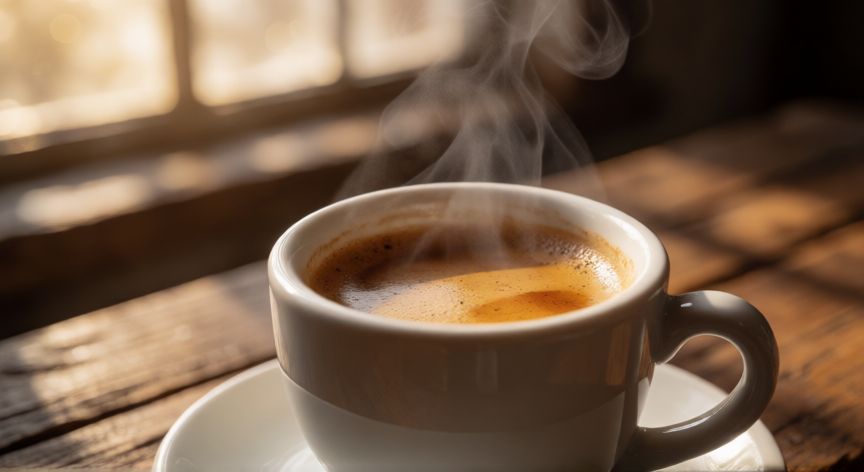 como hacer cafe cremoso, Taza de espresso recién preparado con vapor en una mesa de madera