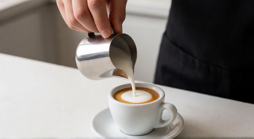 como hacer cafe cremoso, Barista vertiendo leche espumada en una taza de café para crear cremosidad