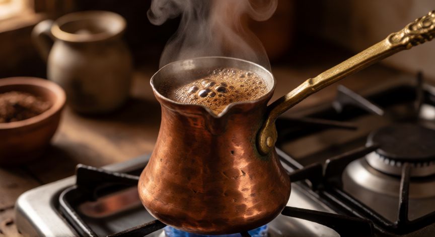 como hacer cafe cuando hay que echarle agua, Cazo de cobre con café hirviendo sobre fuego suave