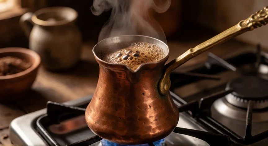 Cazo de cobre con café hirviendo sobre fuego suave