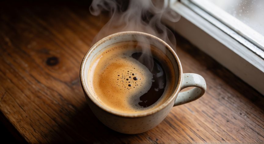 como hacer cafe cuando hay que echarle agua, Taza de café recién preparado con espuma cremosa sobre mesa de madera