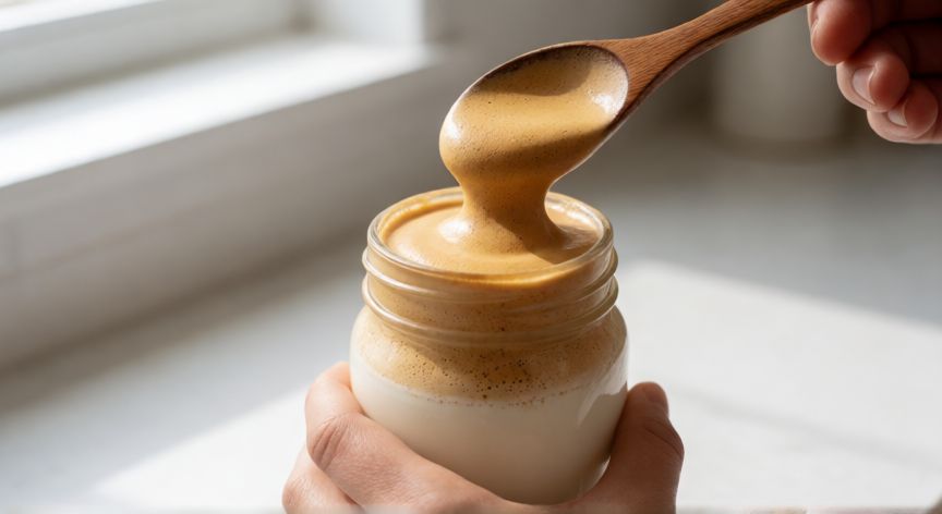 como hacer cafe dalgona, Vaso de leche fría siendo coronado con espuma de café Dalgona