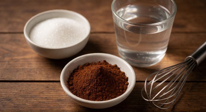 como hacer cafe dalgona, Ingredientes para preparar café Dalgona sobre mesa de madera