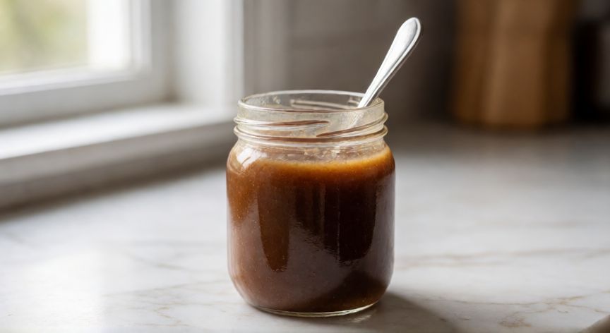 como hacer cafe de avellana en casa, Bote de cristal con jarabe casero de avellana y cuchara