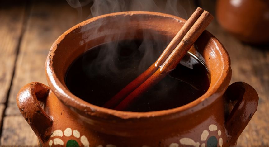 como hacer cafe de olla, Olla de barro con café de olla recién preparado y canela