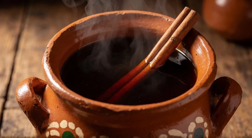 Olla de barro con café de olla recién preparado y canela