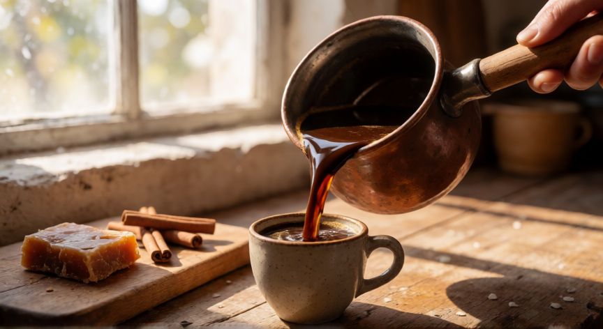 como hacer cafe de olla, Sirviendo café de olla en una taza de cerámica con ingredientes al fondo