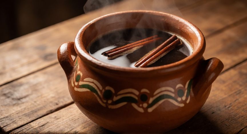 como hacer cafe de olla con canela y piloncillo, Olla de barro con café hirviendo, canela y piloncillo en una mesa de madera