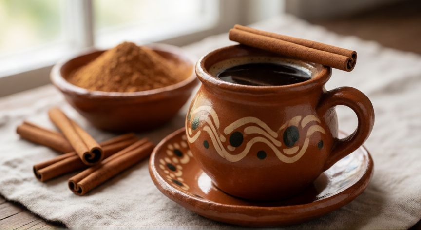 como hacer cafe de olla con canela y piloncillo, Taza de barro con café de olla y una rama de canela