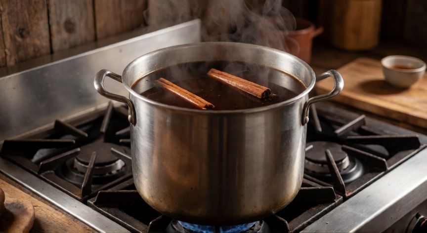 como hacer cafe de olla para 100 personas, Olla grande de acero inoxidable con café de olla hirviendo y ramas de canela en una cocina profesional