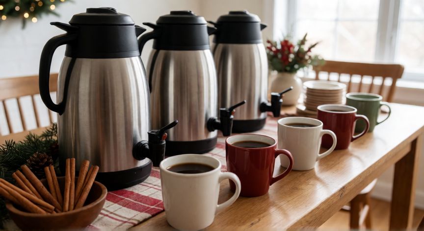 como hacer cafe de olla para 100 personas, Mesa de banquete con dispensadores térmicos de café y tazas de cerámica listas para servir a los invitados