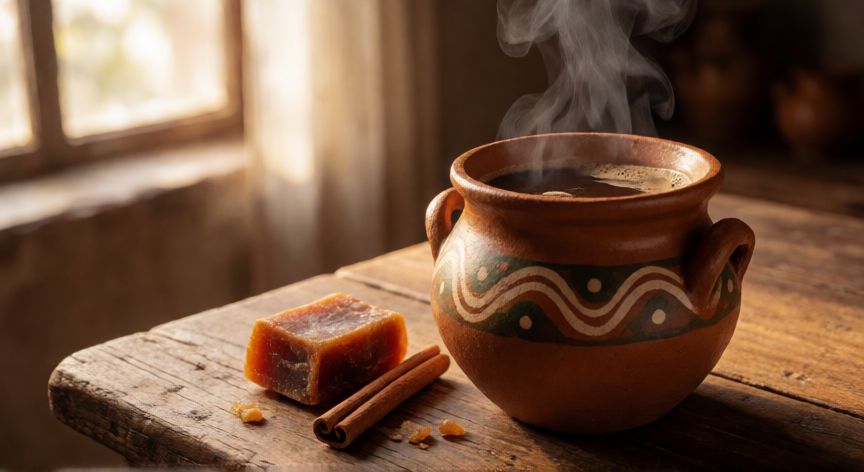como hacer cafe de pota, Olla de barro con café hirviendo y piloncillo sobre mesa de madera