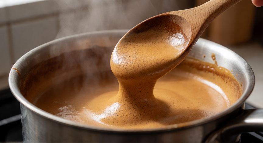 como hacer cafe de pota, Detalle de espuma cremosa de café mientras se revuelve en la olla