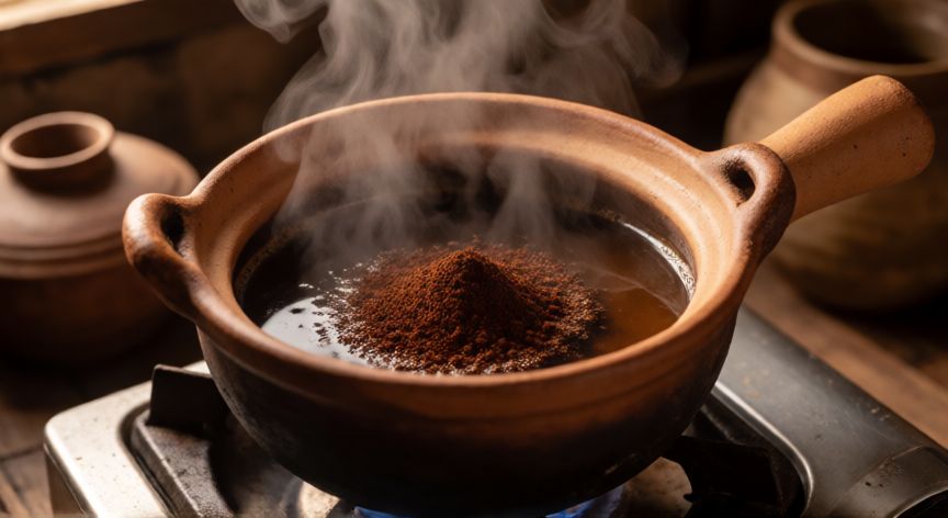 como hacer cafe de puchero, Puchero de barro sobre la cocina con café molido y agua