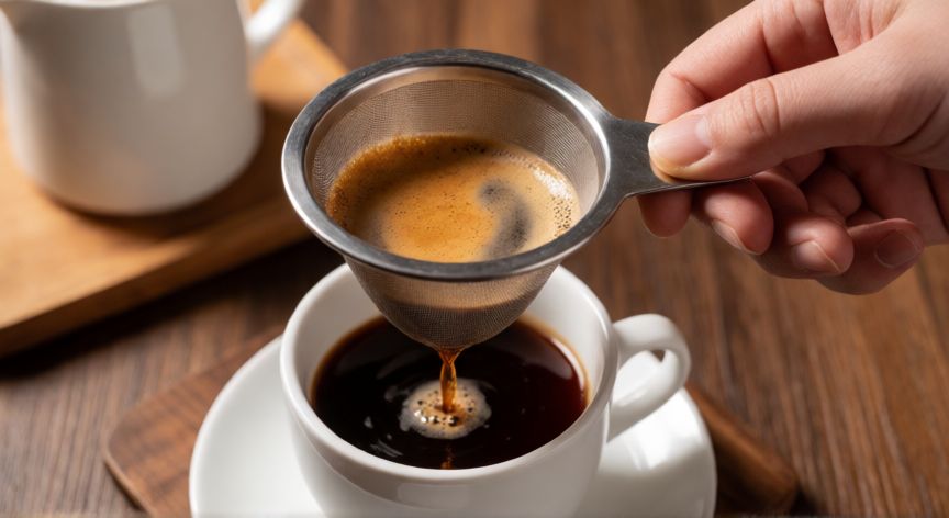 como hacer cafe de puchero, Colando el café de puchero en una taza de cerámica blanca