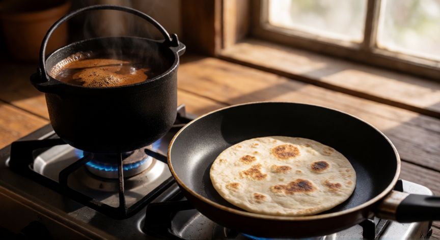 como hacer cafe de tortilla quemada, Preparación de café de tortilla quemada con cazo al fuego y sartén con tortilla dorándose