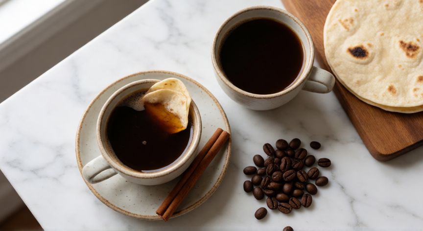 como hacer cafe de tortilla quemada, Tazas de café de tortilla quemada servidas sobre mármol con canela y granos de café