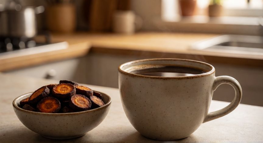 como hacer cafe de zanahoria, Taza de café de zanahoria junto a bol con rodajas de zanahoria tostada