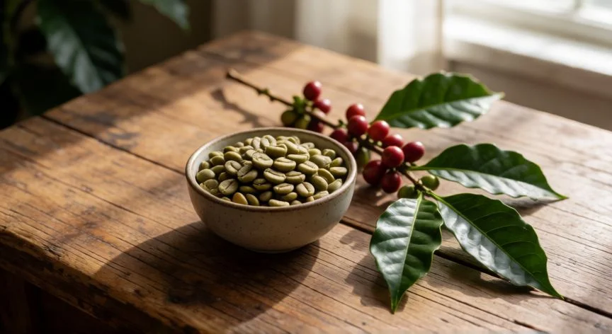 Granos de café verdes y ramas con cerezas en una mesa de madera