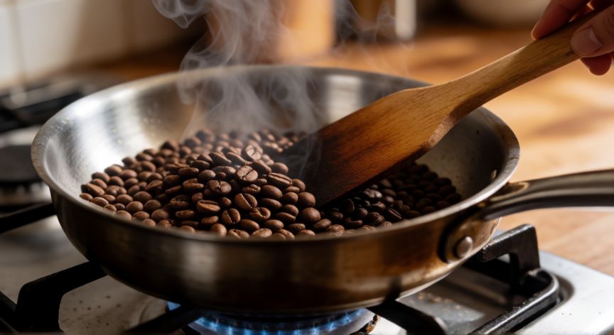 como hacer cafe desde 0, Tostado de café en una sartén sobre la estufa con espátula de madera