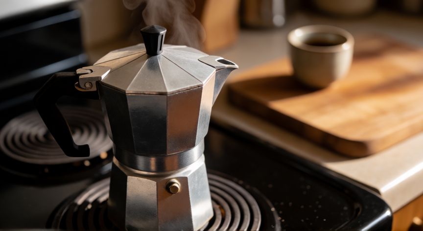 como hacer cafe en cafetera, Cafetera de moka sobre la cocina con café recién preparado