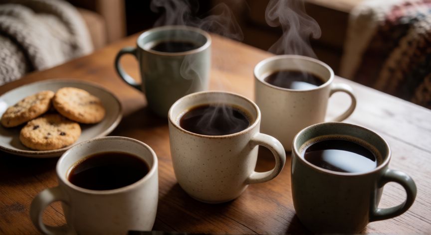 como hacer cafe en cafetera black and decker 5 tazas, Tazas de café servidas en una mesa con galletas