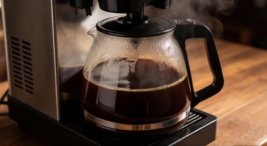 como hacer cafe en cafetera de 12 tazas, Cafetera grande de 12 tazas con café recién hecho y vapor