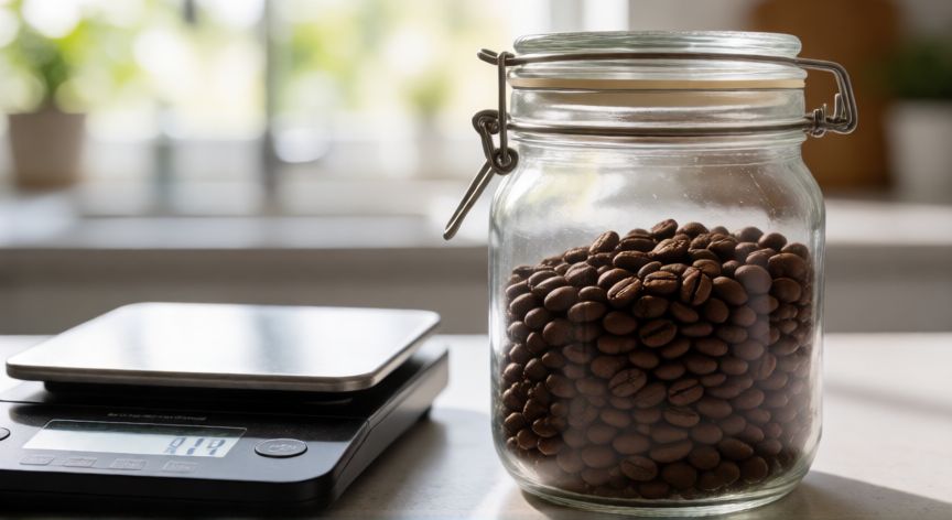 como hacer cafe en cafetera de 12 tazas, Granos de café enteros y balanza de cocina para medir proporciones exactas