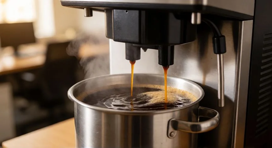 Cafetera industrial de gran capacidad sirviendo café recién hecho en una oficina moderna