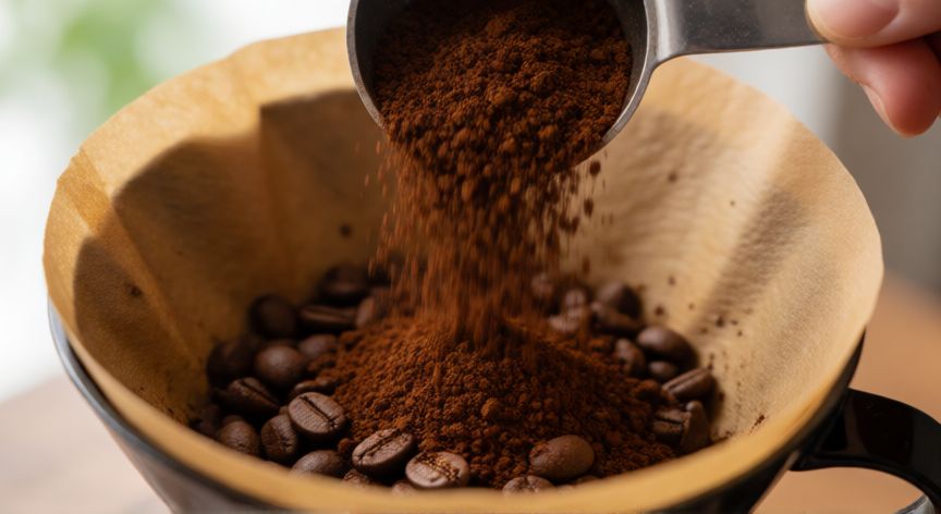 como hacer cafe en cafetera de 30 tazas, Detalle de café molido cayendo en el filtro de una cafetera grande