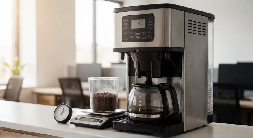 como hacer cafe en cafetera de 40 tazas, Cafetera de goteo grande de 40 tazas con balanza y temporizador en una oficina