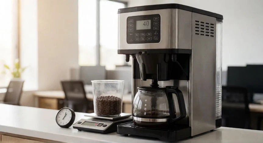 Cafetera de goteo grande de 40 tazas con balanza y temporizador en una oficina
