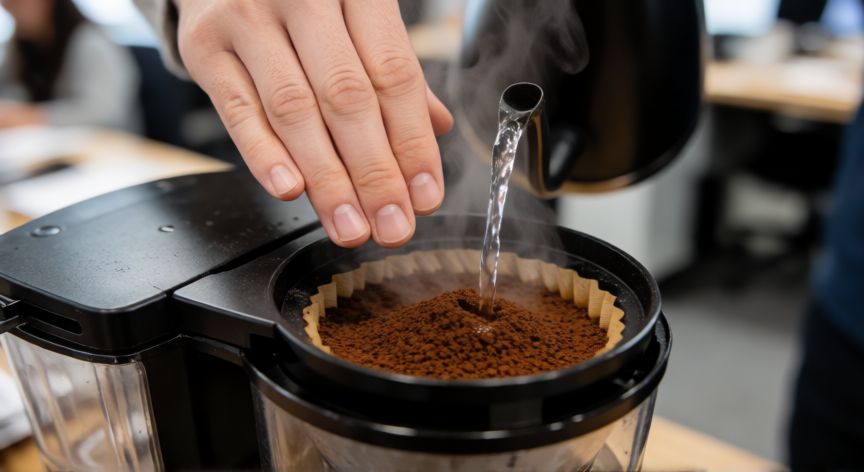 como hacer cafe en cafetera de 40 tazas, Detalle de vertiendo agua sobre café molido en filtro grande