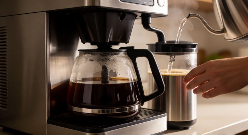 como hacer cafe en cafetera de 45 tazas, Cafetera industrial de 45 tazas llenándose con agua caliente