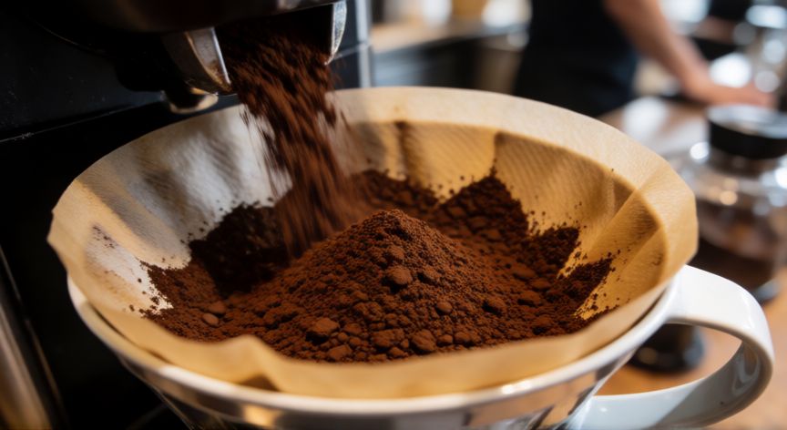 como hacer cafe en cafetera de 45 tazas, Café molido en el filtro de una cafetera grande