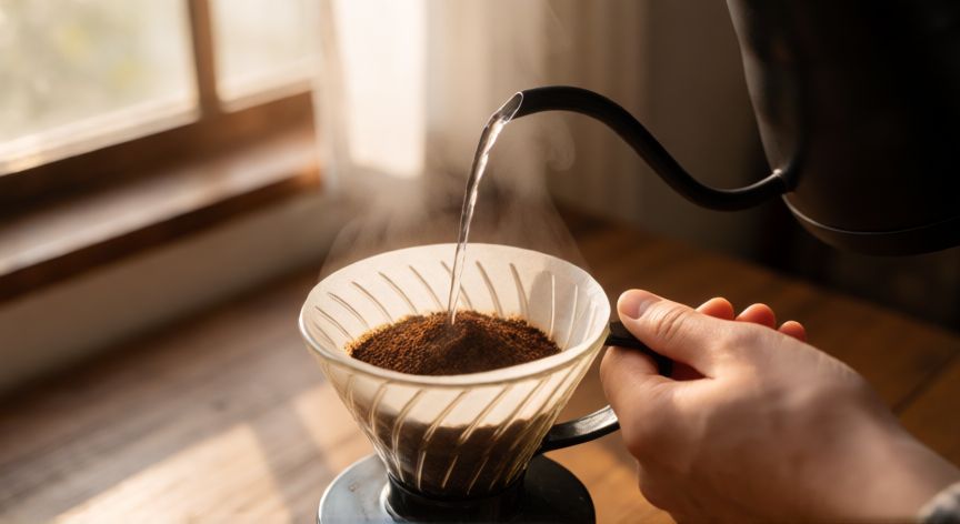 como hacer cafe en cafetera de filtro, Vertiendo agua caliente en un filtro de café de cristal con luz natural