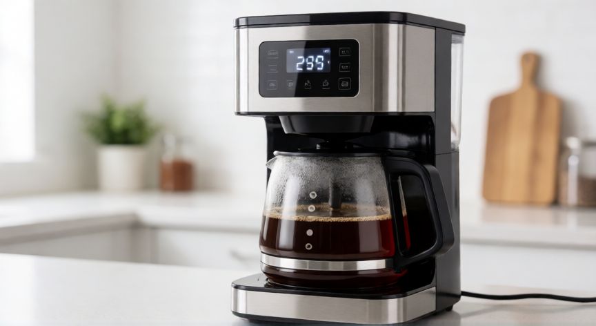 como hacer cafe en cafetera de filtro, Cafetera de filtro eléctrica moderna preparando café en una cocina limpia