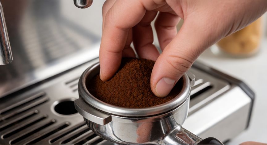 como hacer cafe en cafetera delonghi, Mano compactando café molido en el portafiltro de una cafetera De'Longhi