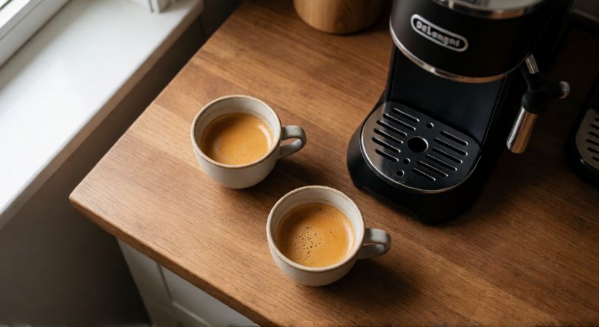 como hacer cafe en cafetera delonghi, Tazas de espresso con crema dorada junto a una cafetera De'Longhi moderna