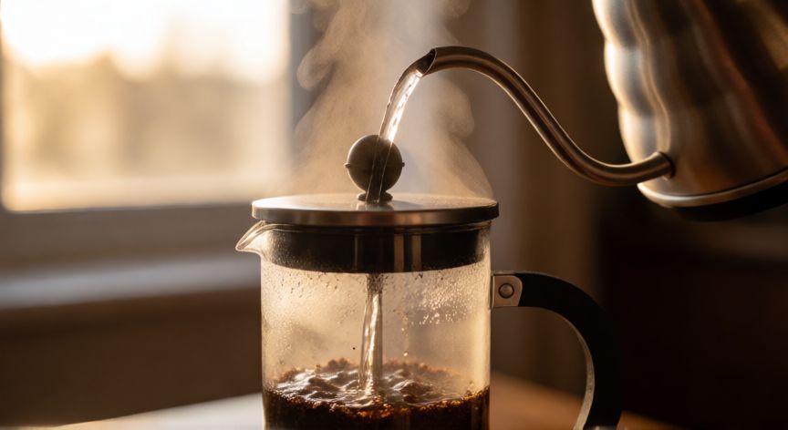 como hacer cafe en cafetera francesa, Vertiendo agua caliente en una cafetera francesa de cristal
