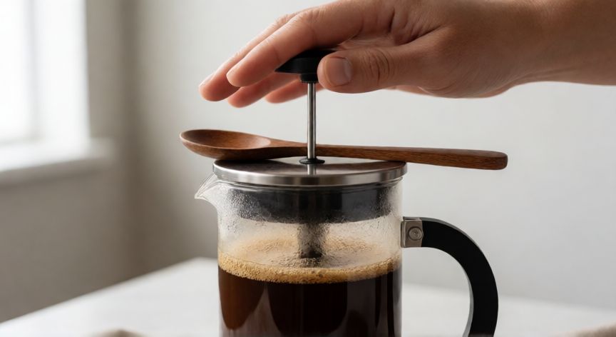como hacer cafe en cafetera francesa, Presionando el émbolo de la prensa francesa con cuidado