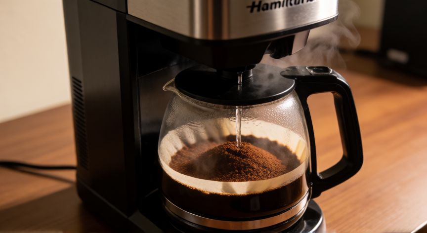 como hacer cafe en cafetera hamilton beach 45 tazas, Cafetera Hamilton Beach de gran capacidad en funcionamiento con café recién molido