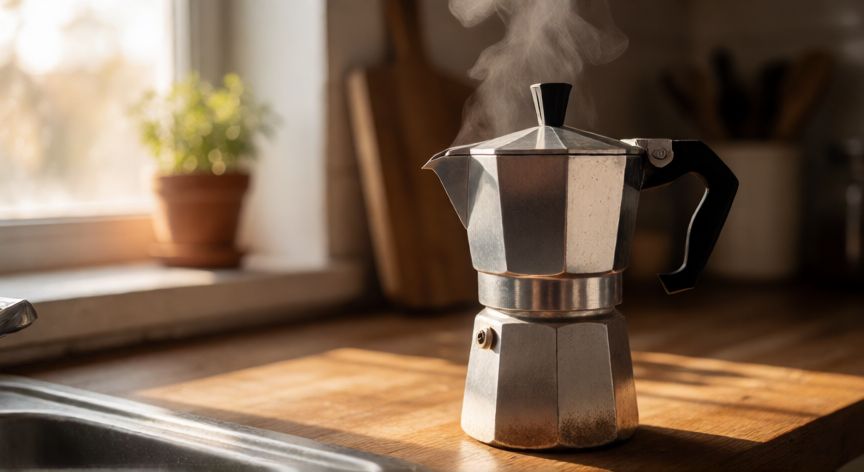 como hacer cafe en cafetera italiana, Cafetera italiana de aluminio sobre encimera de madera con vapor